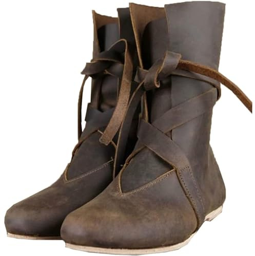 DJFOG Bottes de Chevalier médiévales en Cuir PU, Bottes de Cosplay médiévales Renaissance pour Hommes et Femmes, Bottes Vintage à Fond Plat, Chaussures à Lacets