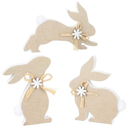 PAIVSUN 3X Niedlich Osterhasen Figuren Dekorative Osterhase Holz mit Schleife Fellknäuelschwanz, Osterdeko Modern Tisch Fenster