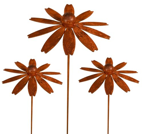 3er Set Gartenstecker Sonnenhut Metall Rost Gartendeko Edelrost Rankstab Beetstecker Topfstecker Naturrost