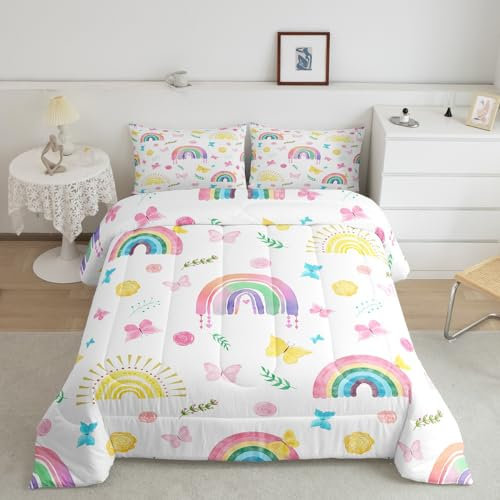 Feelyou Regenbogen-Bettwäsche-Set für Kinder, Jungen, Mädchen, volle Größe, Bettdecken-Set für Kleinkinder, Regenbogen-Schmusetuch, bunte Streifen, Bettwäsche-Set, Mikrofaser, Raumdekoration,