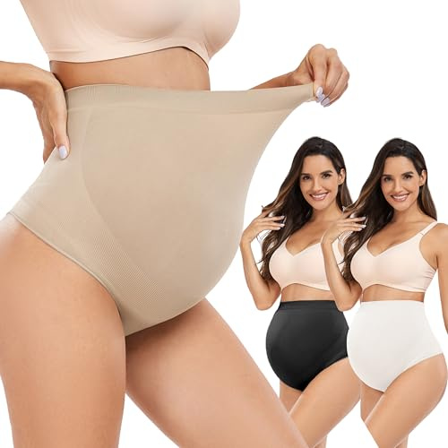 Hailycoco Ropa moldeadora de maternidad sin costuras, tanga de maternidad de cintura alta para embarazo con soporte para el vientre, Negro+Blanco+Piel, Large