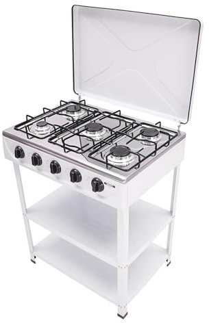 Cocina de gas independiente de 5 fuegos, con soporte de almacenamiento, estufa de gas natural con tapa (blanco)