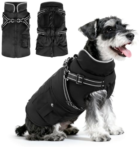Woiil Hundemantel Hundejacke Wintermantel für Mittelgroße Hunde, Hundemantel Winter mit Geschirr, Hunde Wintermantel Ärmellose Baumwolle Gepolsterte Weste Wasserdicht Warme Reflektierend, Schwarz M