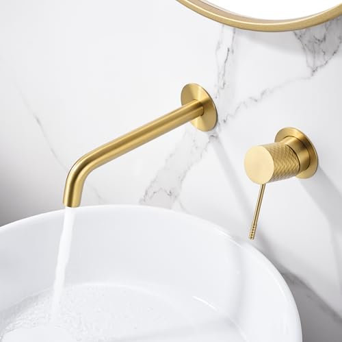 IMEX - Grifo Lavabo Empotrado Oro Cepillado | Grifo Empotrado Baño con Agua Fria y Caliente | Grifo Monomando Lavabo Pared con Ahorro de Agua | Serie Génova | Color Dorado