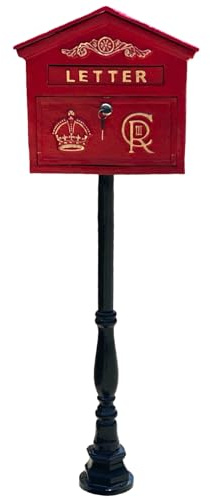 English CR III Post Office Letter Box in Red Cast Iron - Wall Mount or Standing (Black Post)