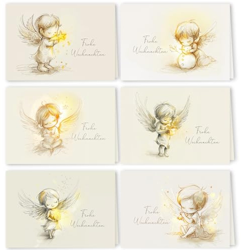 12 Weihnachtskarten Set Klappkarten mit Umschlägen Karte Himmlische Weihnachtsgrüße Karten Umschlag glanz Frohe Weihnachten Merry Christmas xmas süße Engel Baby Weihnachtskarte Weihnachtsengel