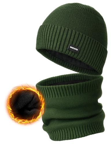 Wmcaps Winter Hats Scarf Set for Men, Thermal Knit Beanies and Circle Scarf, Unisex Neck Warmer Fleece Hat, Skiing Gift Sets for Men and Women，Army Green