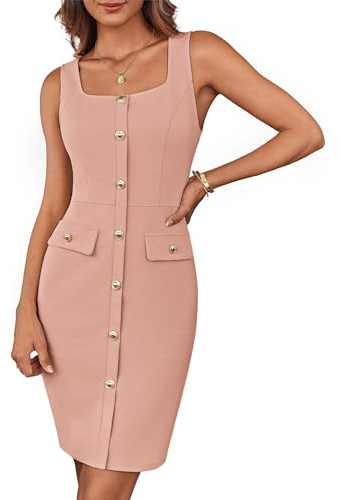 GRACE KARIN Women's Cocktail Dress Elegant Dress Sleeveless Square Neck Button Belted Business Work Office Formal Dress Wrap Dress Bodycon Mini Dress with Belt
