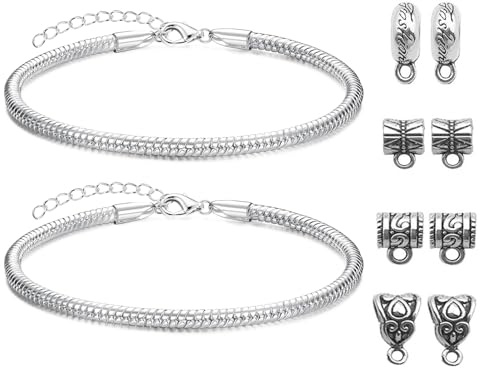 XSDSLS Bracelet en Argent pour Charms Acier inoxydable Bracelet Chaîne Serpent Bracelet réglable en argent avec 30 Pièces Tibétain Argent charms pour bracelet pour Femme Hommes (2MM, 19+5CM)