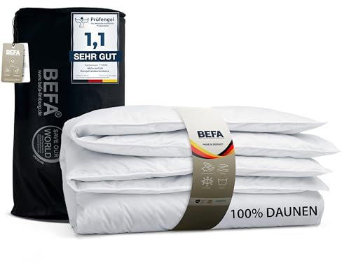 BEFA NATUR Reine Daunendecke Ganzjahr 135x200 cm | 100% Daunen | 560g Füllgewicht | Allergiker geeignet (NOMITE) | Tierwohl (DOWNPASS) | Oeko-TEX Klasse 1 | Made in Germany
