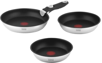 Teesa Juego de 3 Sartenes con Mango Desmontable 22 cm 24 cm 28 cm Superficie Titanio Frying PANS SINGLE HAND Acero Inoxidable Tipo 304 Todo Tipos de Cocina TSA0155