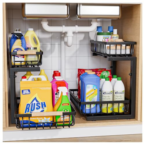 ENRUNEST Under Sink Organizer,2 Pack Under Kitchen Sink Organizer,2 Tier Sliding-Out,5 Level Height Adjustable,Thickened Carbon Steel,Anti-Rust Treatment,for Kitchen Bathroom Black