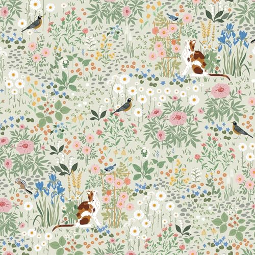 Yomshi Papier peint autocollant à motif floral et chat - Amovible - Imperméable - Style rustique - Motif botanique - Pour salle de bain, chambre à coucher, chambre d'enfant - Beige - 44 x 300 cm