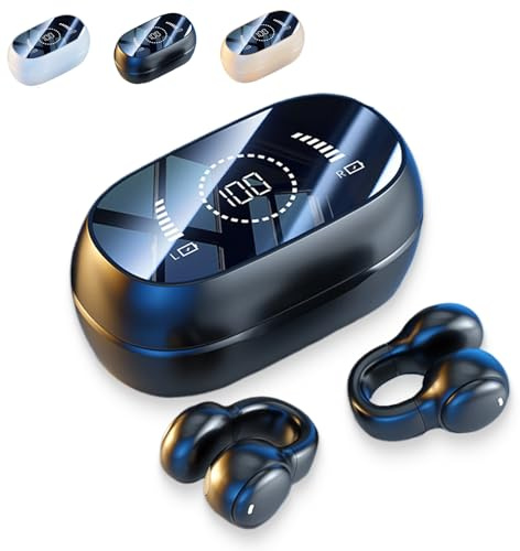 Woolcar Ear Clip Headphones, 2025 New Upgraded Woolcar Wireless Ear Clip Bone Conduction Headphones, Waterproof Design for Sports, with Led Intelligent Display (Black)