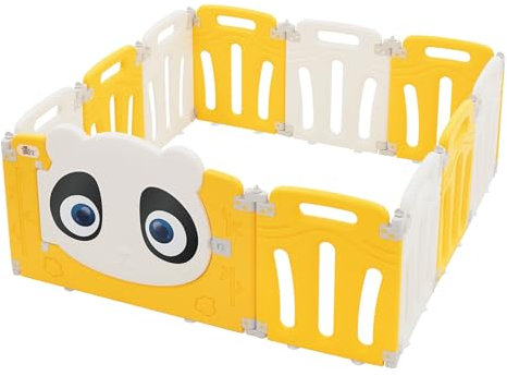 Joyz Laufstall Baby 120×120 cm, Laufgitter faltbar, Panda-Design, Weiß-Gelb, Absperrgitter mit Tür und Lernuhr, Playpen aus Kunststoff, Babyzaun, Kinderlaufstall Innen/Außen, Krabbelgitter für Kinder