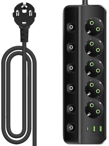 Steckdosenleiste Einzeln Schaltbar: 5 Fach Mehrfachsteckdose mit 2 USB-A und 1 TYPE C, Mehrfachsteckdose Wandmontage, 5 Fach Power Strip mit 2M Kabel, Steckerleiste mit Schalter für Büro, Hause Reisen