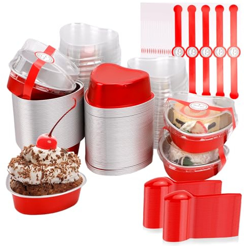 100Pack Mini Loaf Cake Pans with Lids and Spoons, 100ML Heart Shaped Thickened Aluminum Foil Baking Pans Small Muffin Cupcakes Tins Containers for BBQ Picnic Christmas, Party, Wedding, Birthday