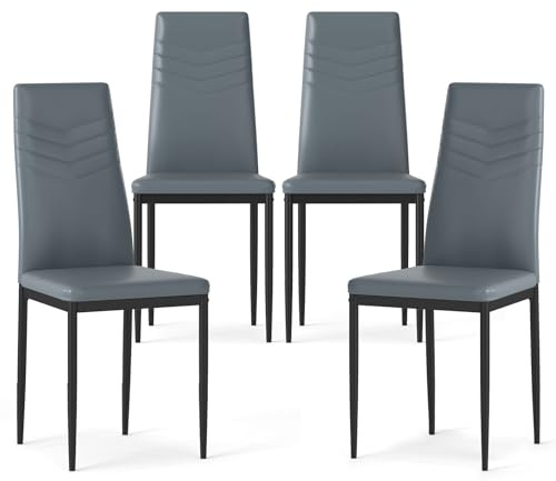 COSTWAY Dining Chairs Set of 4, Upholstered Kitchen Chair with High Backrest & Non-slip Foot Pads, Side Chairs for Living Dining Room Restaurant (Grey PVC, 48 x 40 x 98cm)