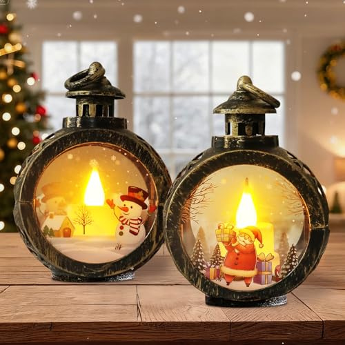 2 Stück Weihnachts Schneekugel Laterne, Flammenlose Weihnachtskerzen, LED Weihnachtsdeko Laterne mit Weihnachtsmann und Schneemann, Weihnachtslaterne Vintage für Schlafzimmer Garten Balkon Kamins