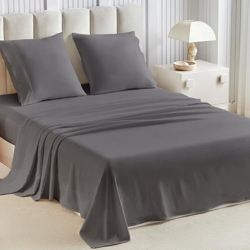 Tokokimo Parure de Lit 180x200 - Ensemble de Draps 4 Pièces 2 Personnes - Drap Housse 180x200 + Drap Plat 240x260 + 2 Taies 65x65 - Coton Lavé Aspect Délavé Polyester,Gris