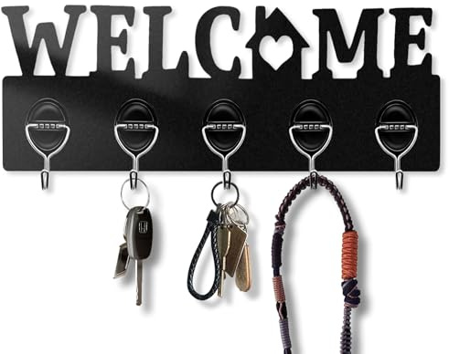 Modern Welcome Wall Mount Key Holder with 5 Iron Hooks, 28.98 x 9.98 cm, Black