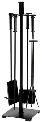Ensemble d'outils de cheminée 5 pièces avec Support - Accessoires durables en Fer forgé pour poêle à Bois, Comprenant Pinces, Pelle, Brosse et tisonnier pour Un Entretien Efficace du feu