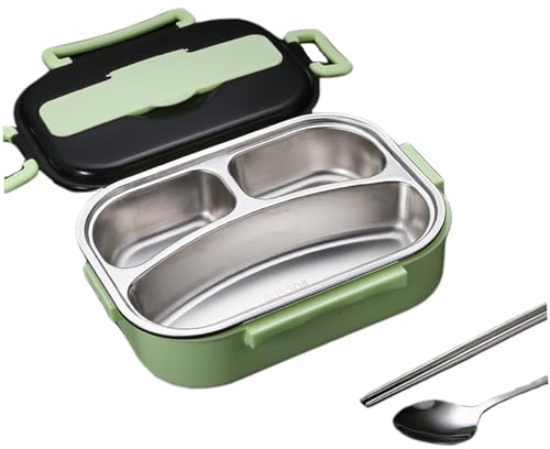 Xoeryoy Thermal Lunch Box, 1L 3 Compartments Stainless Steel Lunch Box, Leakproof Insulated Food Container with Cutlery & Cutlery Holder Portable for Kids Adults