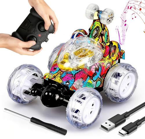 Ferngesteuertes Auto ab 3 4 5 6 7 8 Jahre, 2.4GHz RC Auto mit LED Neon Lichter und 360° Flip und Musik, USB Wiederaufladbarer Offroad Monstertruck Spielzeug für Kinder Jungen Mädchen Geschenk