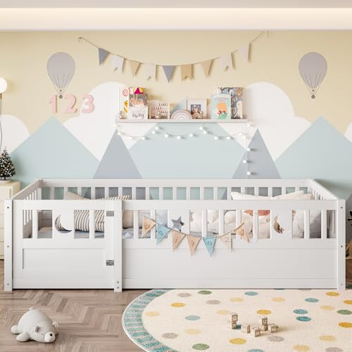 Merax Lit Enfant 90x190 cm en Bois avec barrières de sécurité – Lit Simple Minimaliste pour Chambre d’Enfant, sans sommier ni Matelas, Blanc