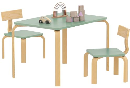 AIYAPLAY Barnbord med stol, set bord och 2 barnstolar i trä för att rita, leka, studera, present till flicka, pojke 3–8 år, för lekrum, sovrum, dagis, grön