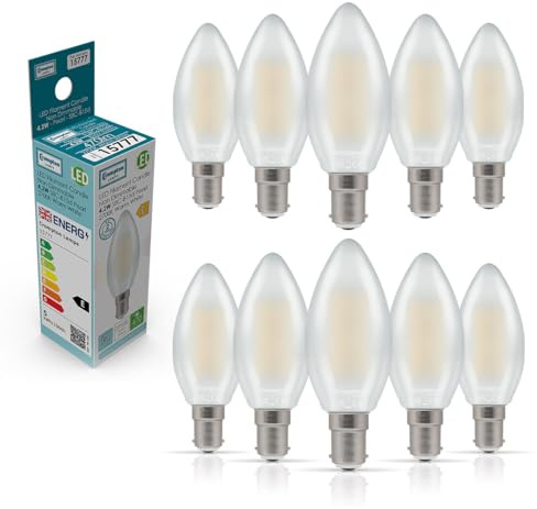 Crompton Lamps Filament Candle LED Light Bulb SBC-B15d | 4.2W = 40W Equivalent | Warm White 2700K | Energy Efficient | Small Bayonet Lightbulb | Long Life 15000-Hrs | Pearl Glass | 10-Pack