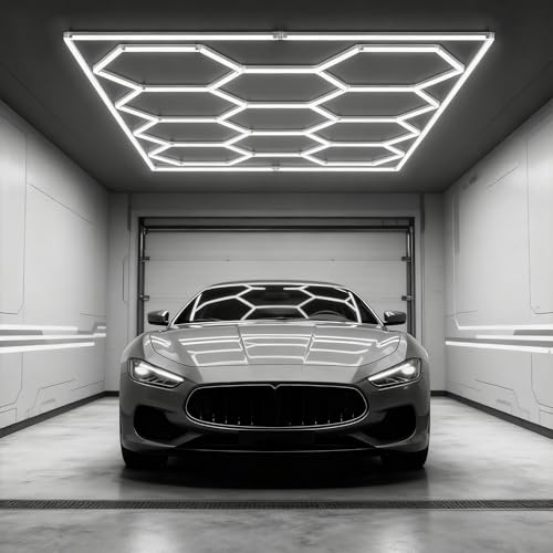 UISEBRT Hexagon LED Deckenleuchte,11 Hexs Garagenbeleuchtung mit Rechteck,IP44 flimmerfrei Werkstattbeleuchtung LED-Deckenleuchten 6500K Weiß für Garage, Werkstatt, Lager, Keller, Fitnessstudio,Salon
