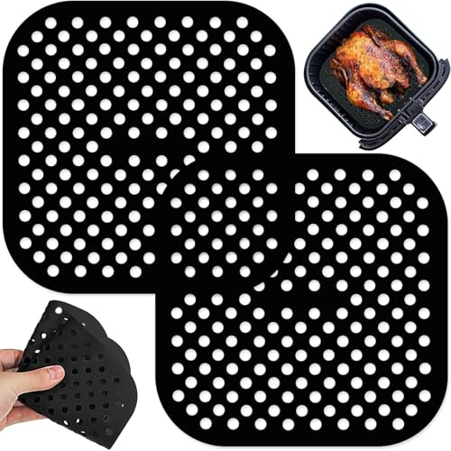 SKDFHOD 2 Piezas Alfombrillas de Silicona para Freidora de Aire, Alfombrillas de Silicona Reutilizables Air Fryer Liner, Antiadherentes Rejilla Freidora Aire Cuadrada