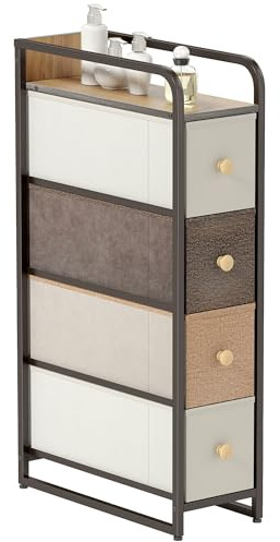 HOMCOM Cassettiera in Tessuto Slim Salvaspazio con 4 Cassetti Pieghevoli, Mobile con Cassetti Compatto in Acciaio per Camera da Letto, Bagno e Soggiorno, 20x47x84.5 cm, Multicolore