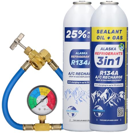 Kit combiné Alaska Refrigerants – 3en1 gaz réfrigérant R134a de remplacement avec huile PAG 100 et produit d’étanchéité + gaz réfrigérant R134a de remplacement + tuyau et manomètre
