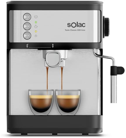 Solac – Cafetera Espresso Taste Classic | 850W | Presión 20 bares | Depósito 1,8L | Brazo 1 y 2 salidas | Vaporizador | Superficie Calienta tazas | Apagado automático