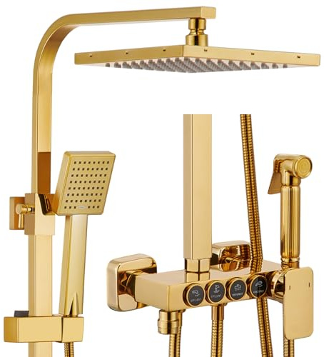 WFCTG Sistema Doccia Dorato, Set da Doccia a Parete con Miscelatore Monocomando, Regolabile in Altezza Sistem di Doccia con 22 cm Soffione, Doccetta, Rubinetto per Vasca da Bagno, Bidet Doccia