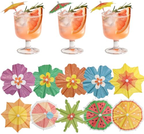 150 Stück Cocktail Schirmchen, 10cm Bunte Cocktailspieße Schirmchen Deko, 10 Formen Papier Cocktailschirmchen für Tortendeko Sommerparty Wein Party Hawaii Party Dekoration