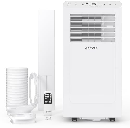 Garvee 8000 BTU Portable Air Conditioner, White, Up to 350 Sq. Ft., Remote Control, 48 dB, Dehumidifier, Fan, Sleep, 24H Timer & Installation Kit, DOE Certified, CEER 6.2