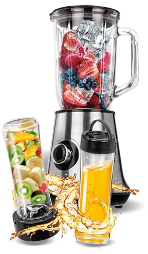 MPM Standmixer 450 W mit 1 L Glasbehälter und 2 To-Go-Flaschen | Smoothie Maker, Mixer To Go, 2 Geschwindigkeiten, PULSE, Ice Crush, Edelstahlmesser, Deckelöffnung, rutschfeste Füße