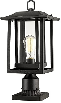 Beionxii Outdoor Post Light, Large Exterior Lamp Post Light Pier Mount Lantern with Base, Black Cast Aluminum w/Clear Glass (19 x 9) - A197P-1PK