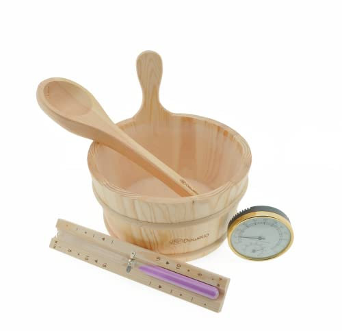 Dewello® Sauna Zubehör Set | Saunathermometer, Hygrometer, Sanduhr, Aufguss Eimer & Saunakelle | Das Saunazubehör für Zuhause