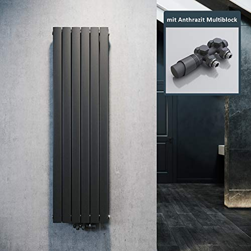 ELEGANT Design Heizkörper Flach 1600x462mm mit Anthrazit Multiblock Thermostat Flachheizkörper Anthrazit Doppellagig Vertikal Heizkörper Mittelanschluss