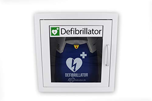 Notfallretter.de Innen-Wandschrank, weiß, für Defibrillator AED mit Kunststoffschauglas und Alugriff aus Metall