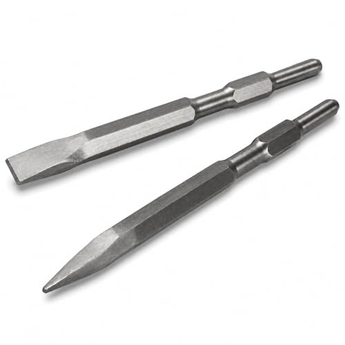 XtremepowerUS 2-Pieces Point and Flat Concrete Chisels for Electric Demolition Jack Hammer 5/8 Hex Shank 2pc Chisel Bit Set,Silver