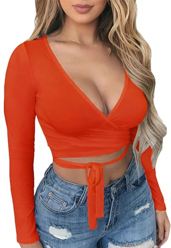 Artfish Women Sexy Deep V Neck Crop Top Bandage Wrap Tie Tight Cropped Fitted Cleavage Shirts, 01#Orange, XL