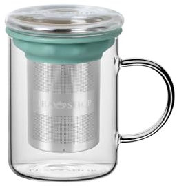 TEA SHOP - Taza de cristal para té o infusiones con filtro y tapa - All In One Mug Basil - Termorresistente con Infusor de Acero Inoxidable y Asa