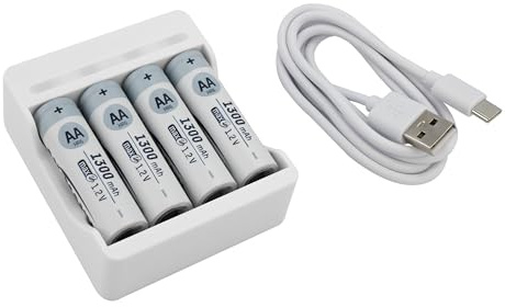 ANSMANN Chargeur de piles Basic IV + 4 piles rechargeables HR6 1300 mAh 1,2V (1 pce) – Mini chargeur pour 1 à 4 piles NiMH Mignon AA/Micro AAA – Chargeur de batterie compact