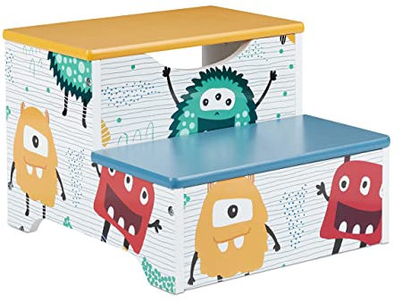 Relaxdays Taburete Infantil, Diseño Monstruos, Banqueta, 2 Escalones, 25 cm Alto, Baño, MDF, Peldaño Lavabo, Multicolor, Tablero de Fibras
