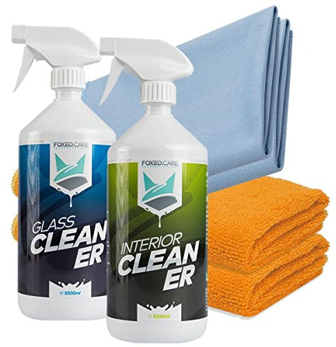Foxed Care Auto Innenraum Reinigungs Bundle - FoxedCare Interior Cleaner Innenraumreiniger 1L + Glass Cleaner Glasreiniger + 2x Premium Mikrofasertuch 320GSM + 2x Glastuch 270GSM